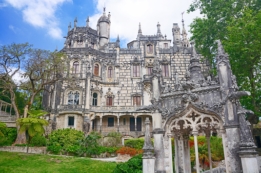 The main facade of the Quinta da Regaleira is an palace located near the historic center of Sintra, Portugal. World Heritage Site by UNESCO