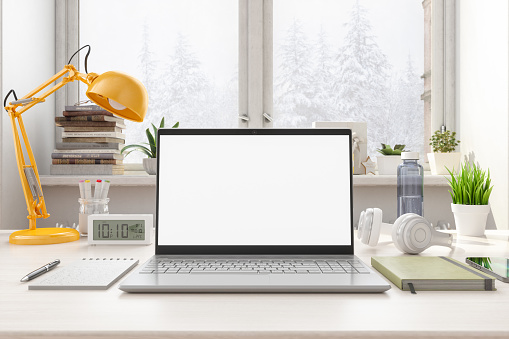 Mockup Blank Screen Laptop Computer With Winterscape Through The Window