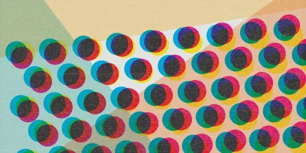 Vector illustration of Silk screen dots vivid colors transparent with riso print effect vector illustration. Colorful graphic elements retro risograph technique.