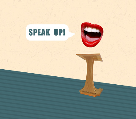 Contemporary art collage of wooden podium with lips. The concept of public speaking. Modern design. Copy space for ad.