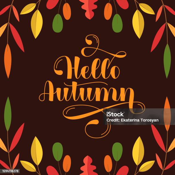 Hello Fall Cartoon. Sign Hello Autumn Vector Hand Lettering Design Template With Leaves Cartoon ...