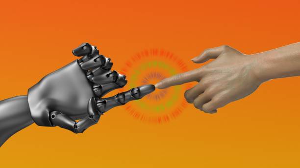 istock Robot and human connection with the touch 1594118870