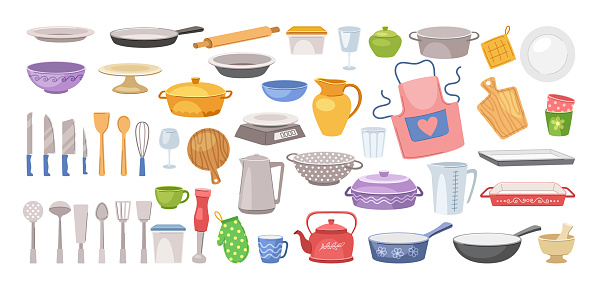 Set of Kitchen utensils. Stickers with crockery, cutlery, kitchenware and equipment for cooking. Saucepan, knife, plate, apron and teapot. Cartoon flat vector collection isolated on white background