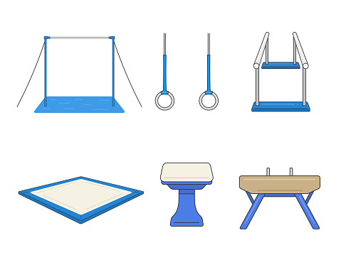 An illustration set of equipment for each type of gymnastics.