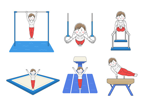A set of illustrations of male gymnasts performing in different disciplines.
