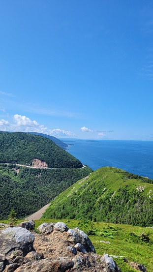 View of the mountains landscape of the Cabot Trail in Cape Breton Highlands National Park.