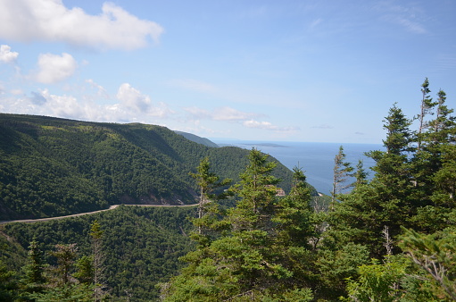 View of the mountains landscape of the Cabot Trail in Cape Breton Highlands National Park.