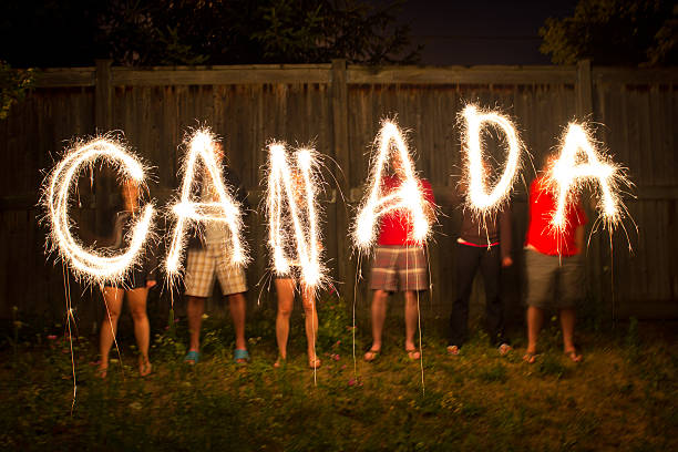 Canada sparklers in time lapse photography The word Canada in sparklers in time lapse photography as part of Canada Day (July 1) celebration. canada day photos stock pictures, royalty-free photos & images