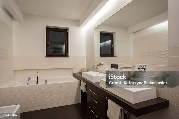 Travertine House Modern Bathroom Stock Photo - Download Image Now - Bathroom, Bathtub, Beige