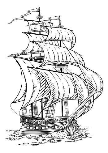 A ship pirate sail boat galleon. Original illustration in an old vintage engraved etching woodcut style