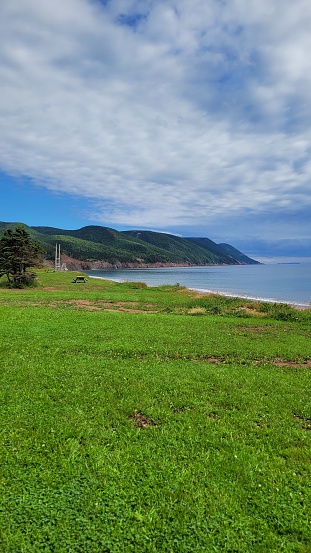 View of the mountains and ocean from the Cabot Landing Provincial Park in Cape Breton.