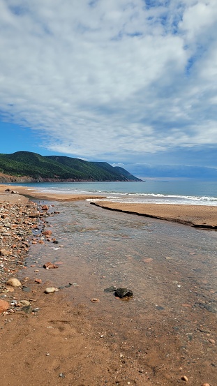 View of the mountains and ocean from the Cabot Landing Provincial Park in Cape Breton.