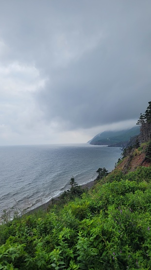 View of the cliff landscape of the Cabot Trail in Cape Breton Highlands National Park.
