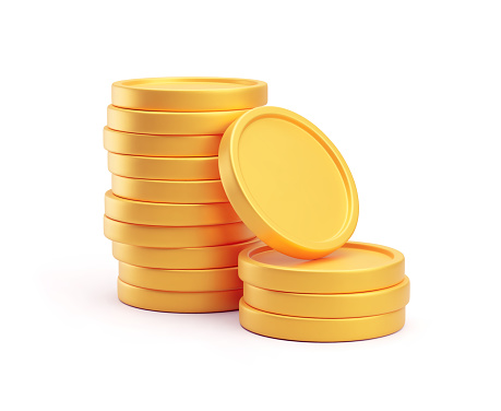Stacked gold blank metal coins, 3D realistic money, cash, treasure pile. Game assets, payment signs, bank, finance symbols vector illustration isolated on white background