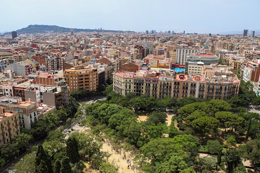 Aerial view of beautiful city Barcelona in sunny weather