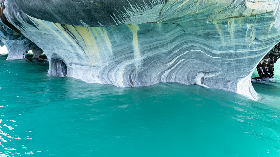 Marble Caves on Lake General Carrera, Patagonia, Chile. Marble Caves are naturally sculpted caves made completely of marble and formed by the water action.