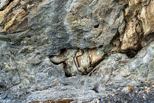 The mummy shape rocks at the Marble Caves on Lake General Carrera, Patagonia, Chile. Marble Caves are naturally sculpted caves made completely of marble and formed by the water action.