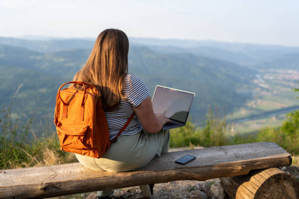 istock Rear view of young woman using laptop while sitting on a bench at viewpoint 1594175803