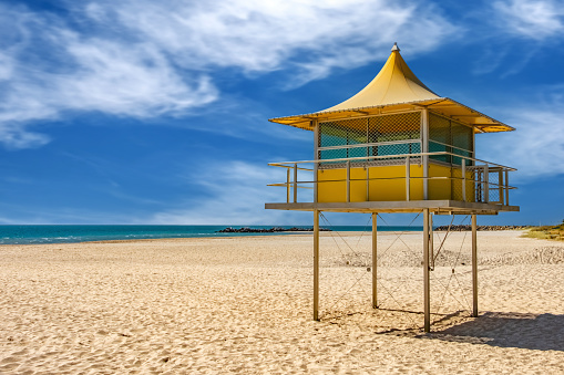 Lifeguard tower on Glenelg Beach, Adelaide, South Australia, Australia on a sunny day.