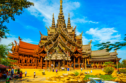 Pattaya, Thailand - December 29, 2018: Sanctuary of Truth, a magnificent wooden castle by the sea beautiful with sculptures and carvings that reflect the worldview of wisdom