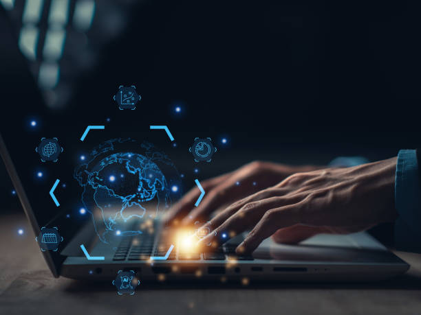 istock Global business globe with network connection, Social network communication. Businessman with link digital marketing. Internet data exchange, digital transformation, metaverse, big data visualization 1594199834