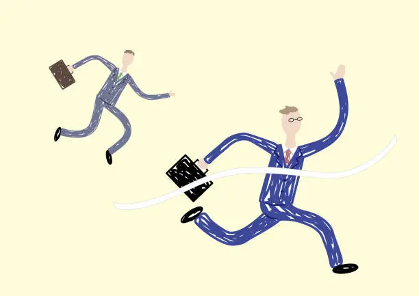 Vector illustration of Businessmen cutting the finish line tape overtaking rivals