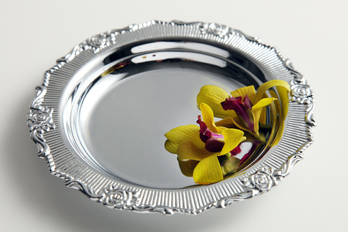 two orchid flower on the silver tray