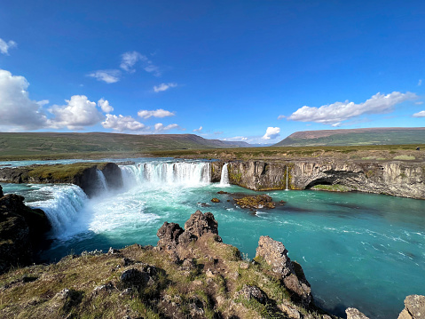 The Goðafoss waterfall is one of the most spectacular waterfalls in Iceland.  The waterfall is one of the larger falls in Iceland and is a popular destination throughout the year.