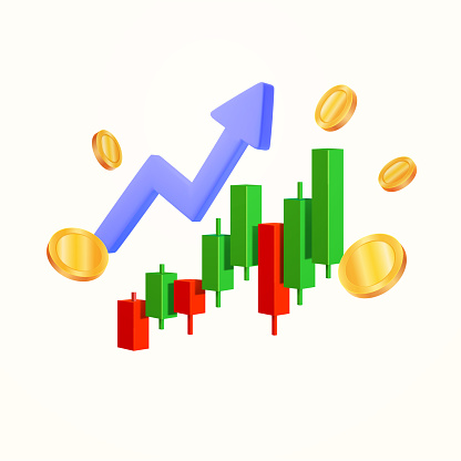 3d growing Japanese candlestick chart with line arrow, coins, isolated on white background. Investment and trading icon banner concept, fund, finance, coin and stock vector illustration. Vector illustration