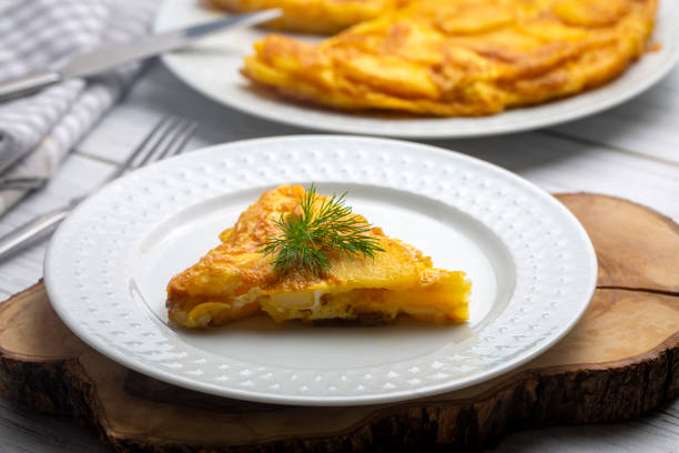 istock Spanish omelette with potatoes, typical spanish cuisine on gray concrete floor. Tortilla Espanola. Turkish name; Yumurtali patates 1594243377