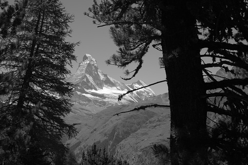 The Matterhorn peak over the Mattertal valley in Walliser aslps.
