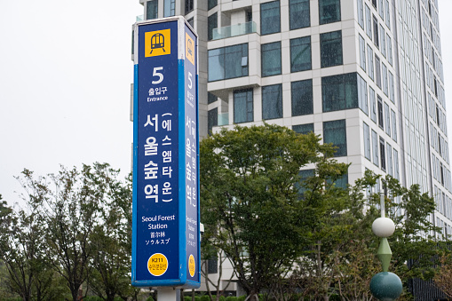 Seoul, South Korea - 10 October 2022: Subway signage of Seoul Forest Station with the Korean name 'SMTOWN' in the bracket. It is the closest subway station to the new SM Entertainment headquarters