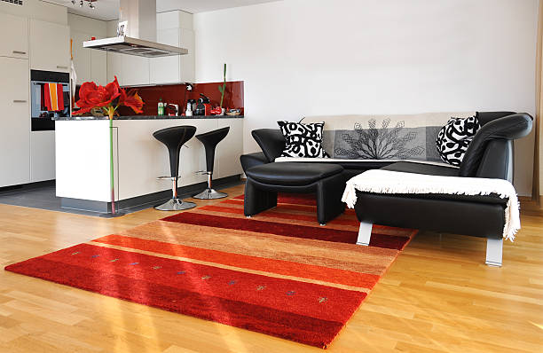 istock Minimalistic living room in red black and white fabrics 159429078