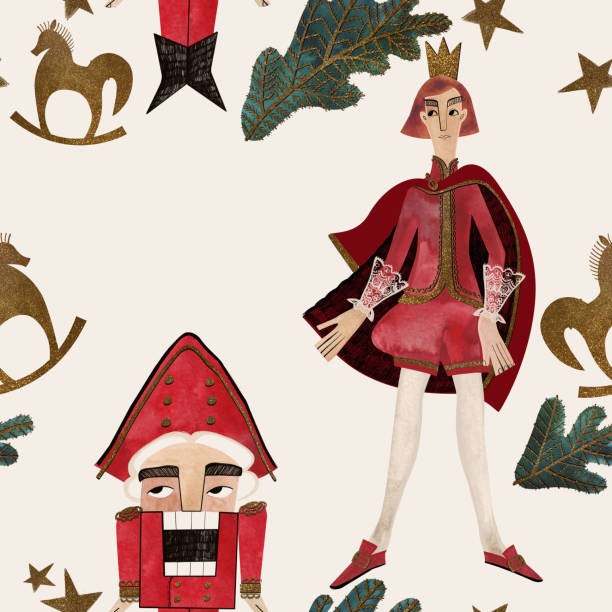 istock Watercolor seamless patern with nutcrackers. Christmas wrapping paper. Children's toy. A Christmas gift. Raster illustration for packaging, greeting cards, gifts, posters in the children's room 1594329527