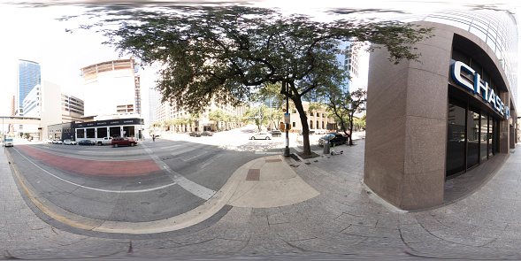 Austin, TX, USA - July 24, 2023: 360 equirectangular photo of Chase Bank Tower Downtown Austin Texas