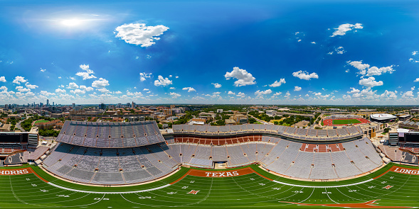 Austin, TX, USA - July 24, 2023: Aerial 360 equirectangular photo vr Darrell K Royal Texas Memorial Stadium Austin Texas