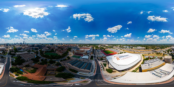 Austin, TX, USA - July 24, 2023: Aerial 360 vr photo Moody Center at The University of Texas Austin