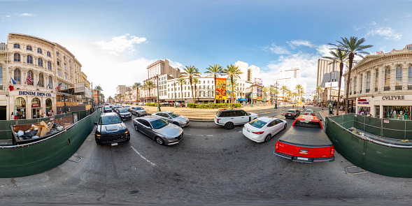 New Orleans, LA, USA - July 22, 2023: 360 equirectangular photo traffic on Canal Street Downtown New Orleans LA
