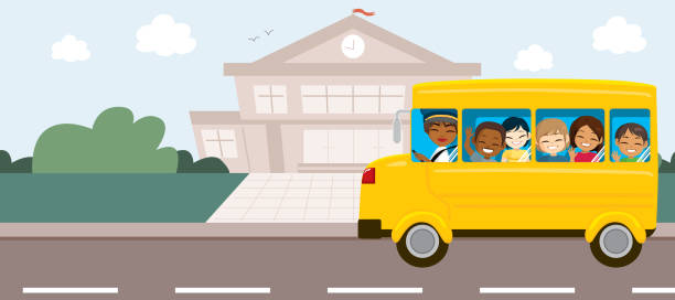 Back to school Bus In Front Of Building vector art illustration