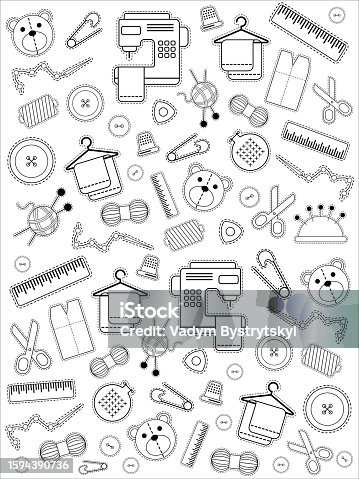 istock Vector background set of illustrations for sewing, sewing supplies 1594390736