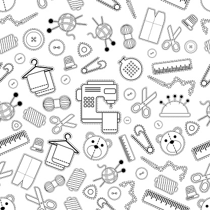 istock Vector seamless pattern set of illustrations for sewing, sewing supplies, background 1594390747