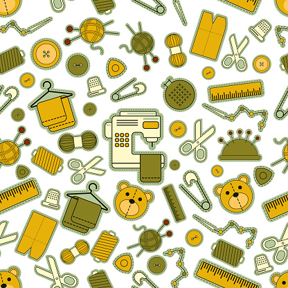 istock Vector seamless pattern set of illustrations for sewing, sewing supplies, background 1594391803