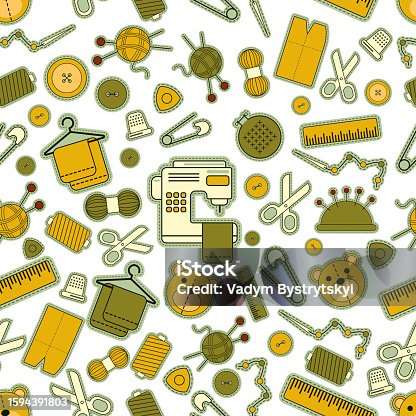 istock Vector seamless pattern set of illustrations for sewing, sewing supplies, background 1594391803