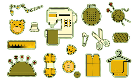 istock Vector set of illustrations for sewing, sewing supplies in the form of stickers, clipart 1594392337