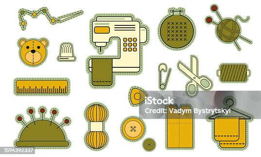 istock Vector set of illustrations for sewing, sewing supplies in the form of stickers, clipart 1594392337