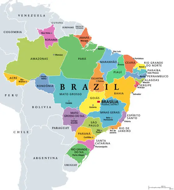 Vector illustration of States of Brazil, differently colored federative units, political map