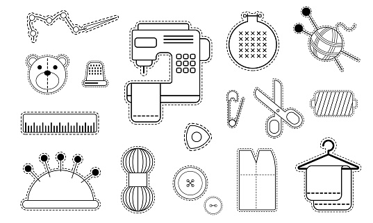 istock Vector set of illustrations for sewing, sewing supplies in the form of stickers, clipart 1594392365