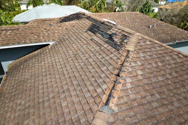 Damaged house roof with missing shingles after hurricane Ian in Florida. Consequences of natural disaster Damaged house roof with missing shingles after hurricane Ian in Florida. Consequences of natural disaster. missing shingles stock pictures, royalty-free photos & images