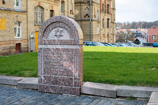 Vilnius, Lithuania - April 11, 2023: Jewish Holocaust Memorial near the former HKP 562 forced labor camp in Subaciaus street, where 750 jewish were killed by nazis during WW2.