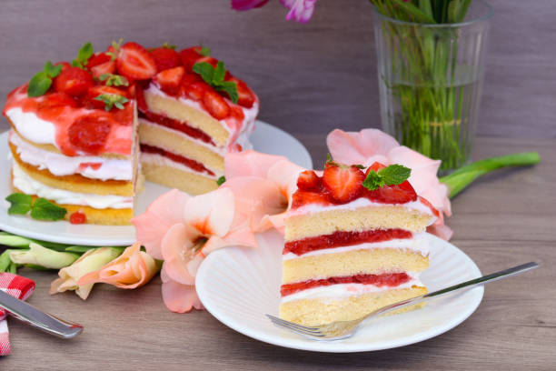 istock Strawberry layered cake, sliced 1594405845